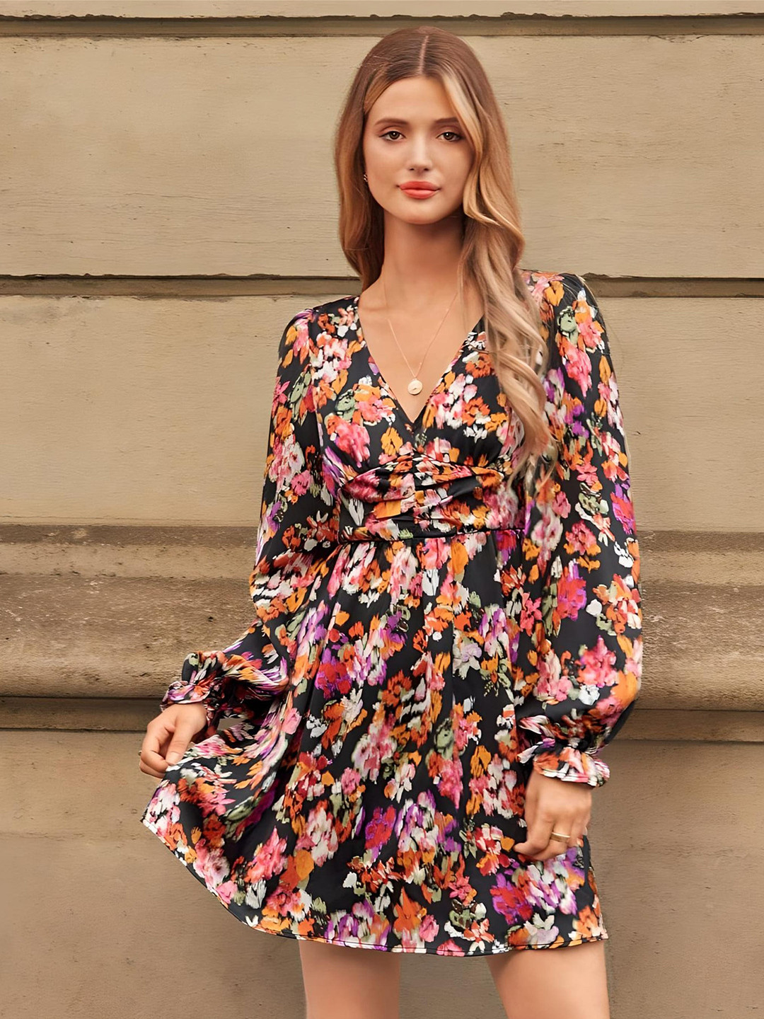 

AARA Floral Printed Bell Sleeves Fit & Flare Dress, Black