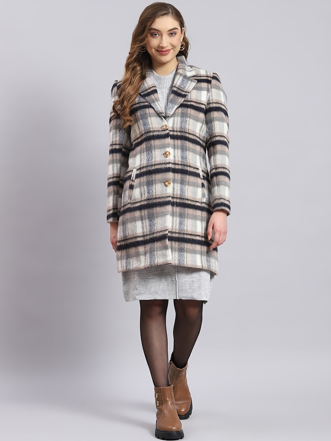 

Monte Carlo Checked Notched Lapel Cotton Longline Overcoat, Grey