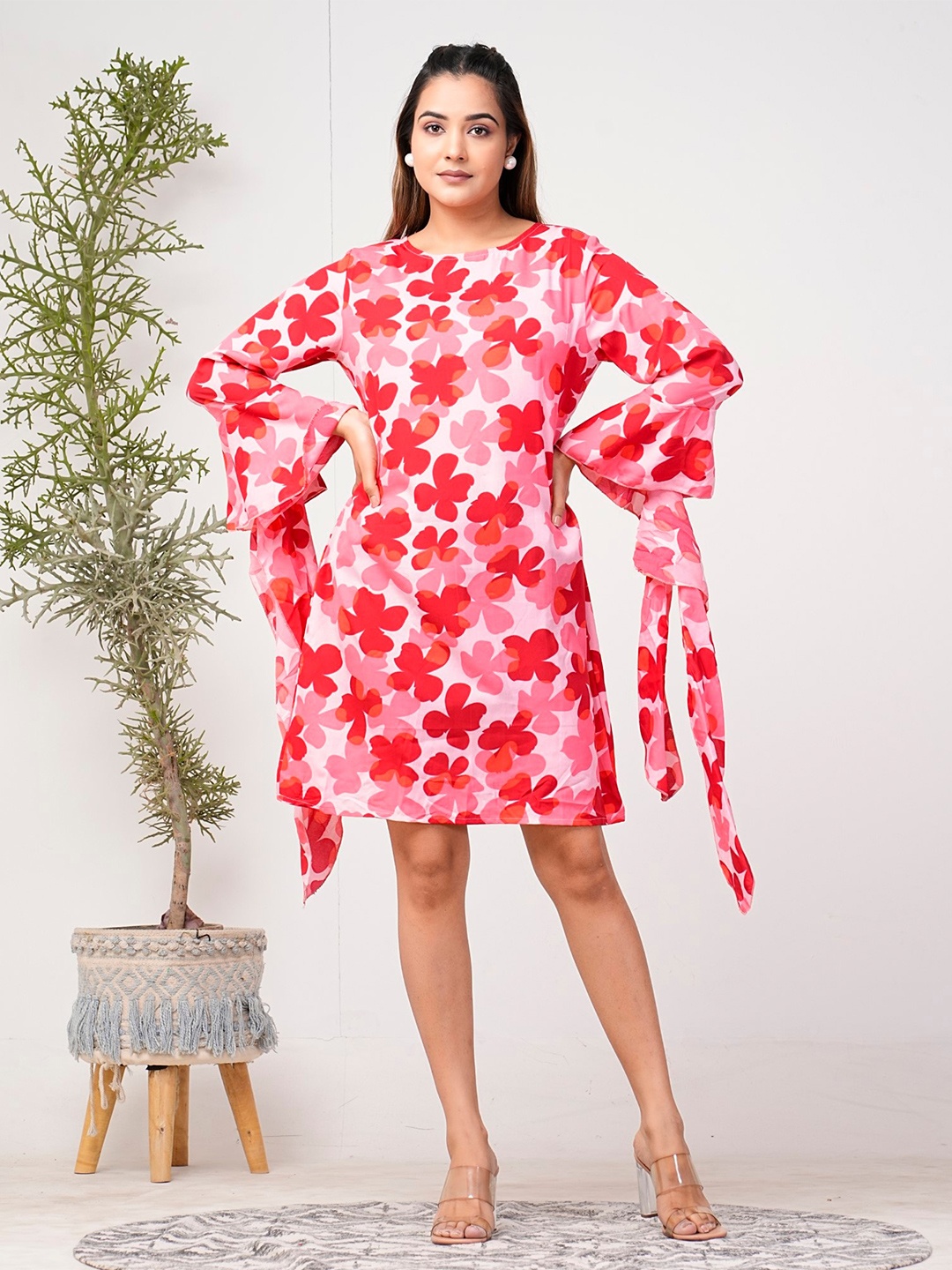 

Riara Floral Printed Bell Sleeve A-Line Dress, Red