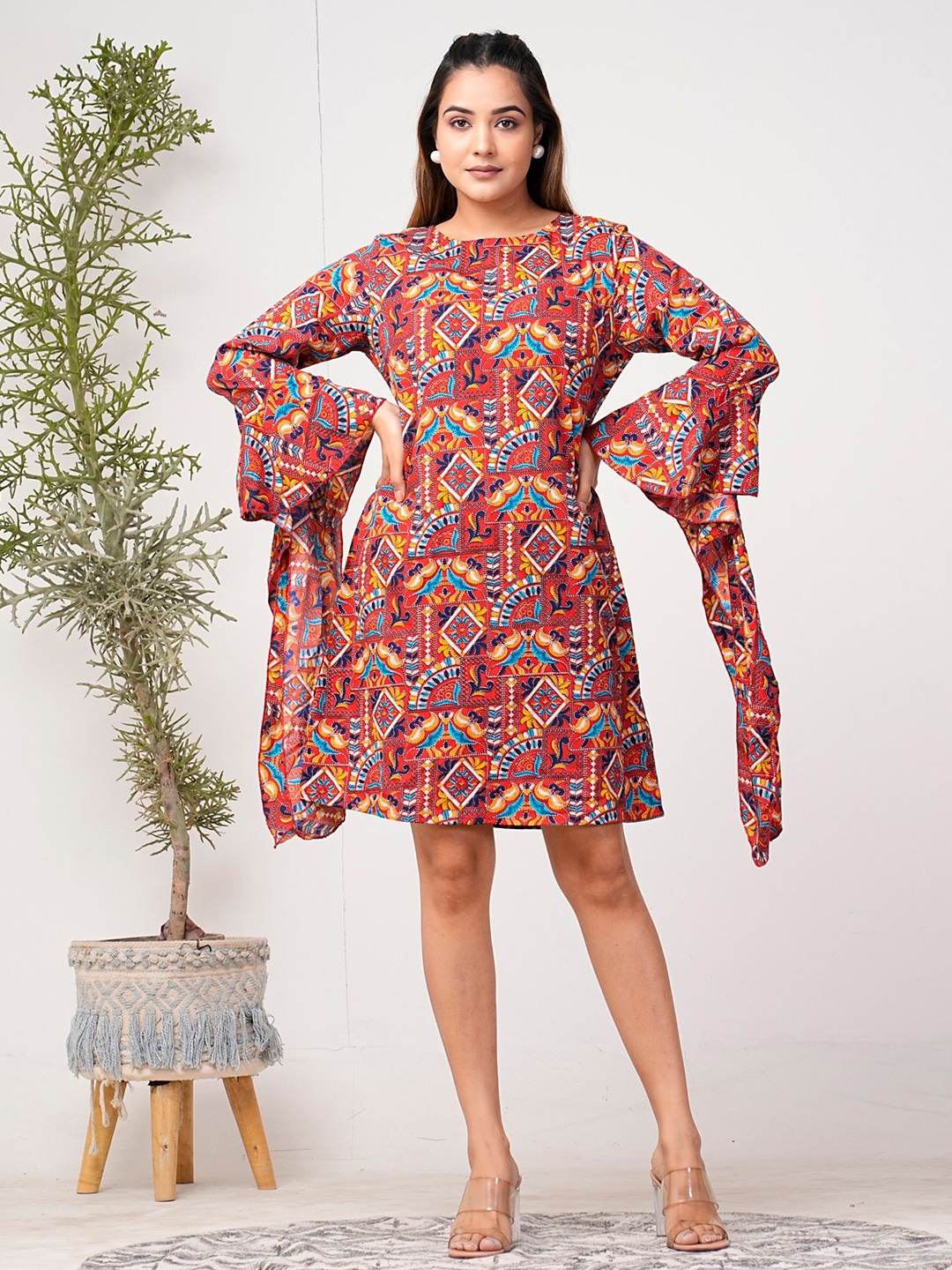 

Riara Ethnic Motifs Printed Flared Sleeves Crepe A-Line Dress, Maroon
