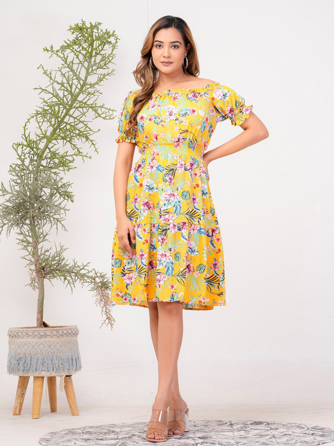 

Riara Floral Printed Off-Shoulder Puff Sleeves A-Line Dress, Yellow