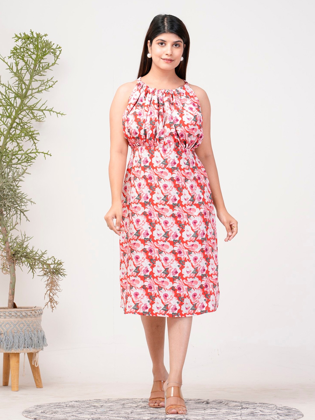

Riara Floral Printed Crepe Fit & Flare Midi Dress, Red