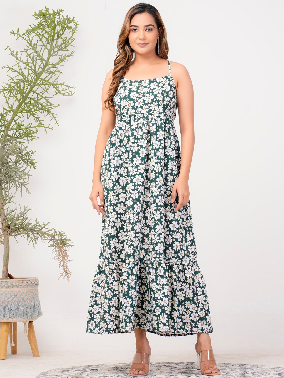 

Riara Floral Printed Shoulder Straps Crepe Maxi Dress, Green