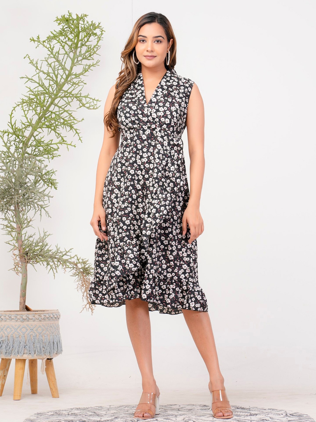

Riara Floral Printed Layered Crepe Wrap Dress, Black