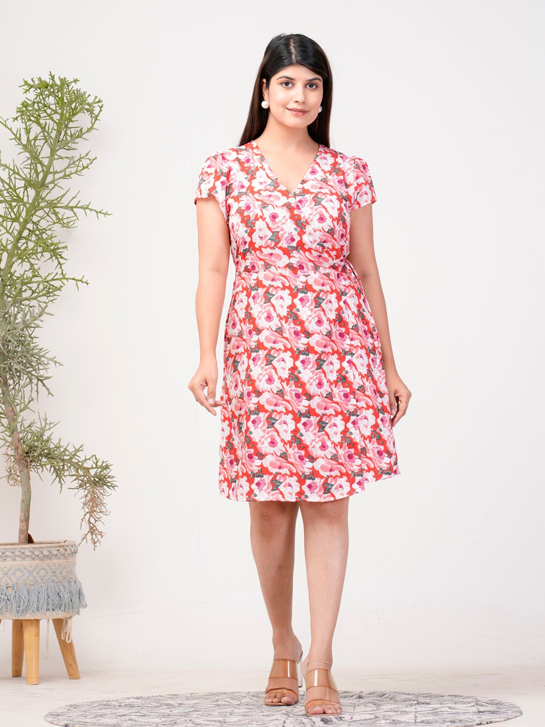 

Riara Floral Printed Puff Sleeve Crepe Wrap Dress, Red