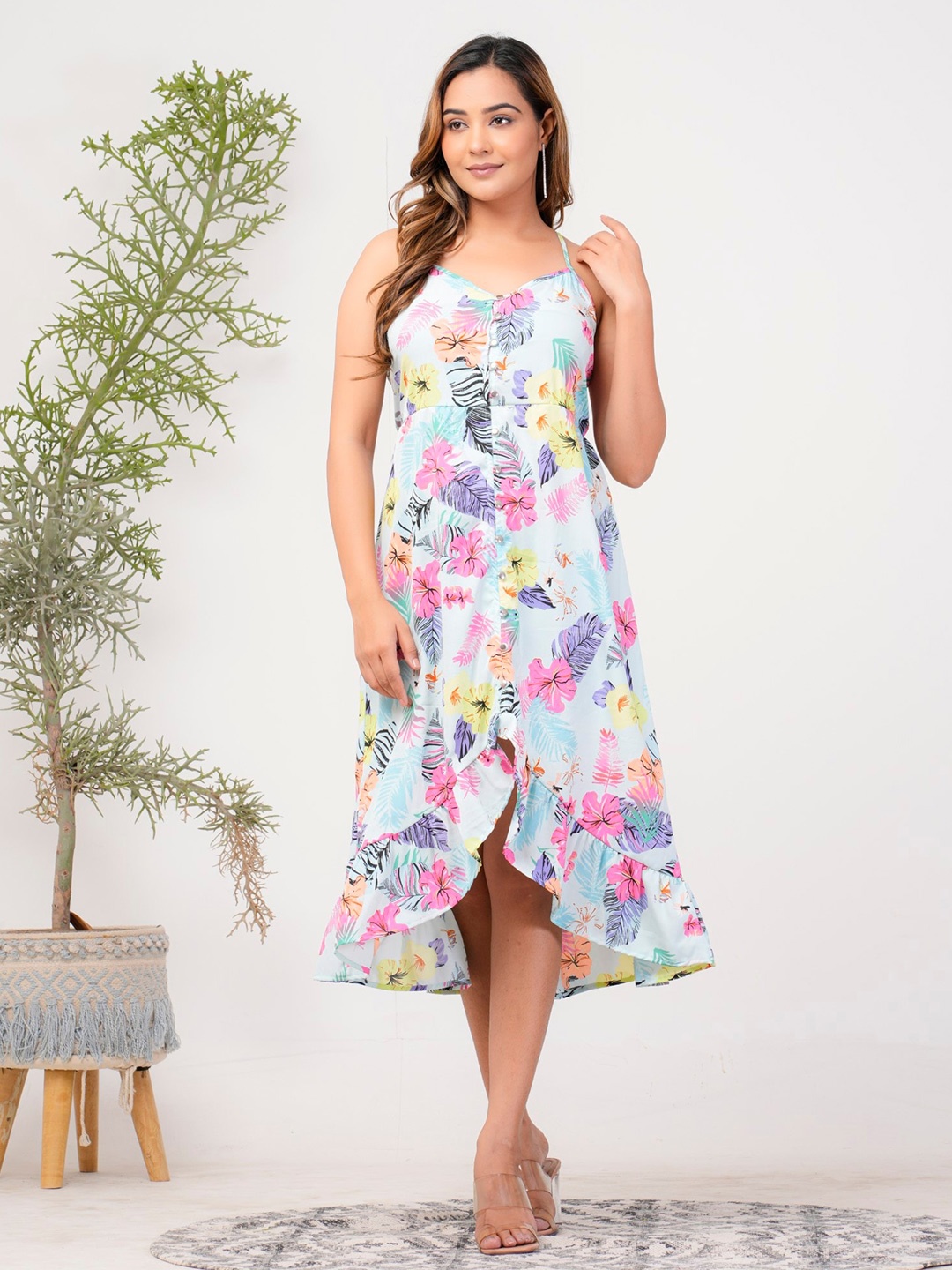 

Riara Floral Printed High-Low A-Line Midi Dress, Blue
