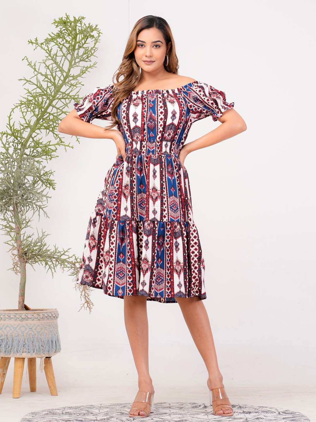 

Riara Ethnic Motifs Printed Off-Shoulder Crepe Fit & Flare Dress, Blue