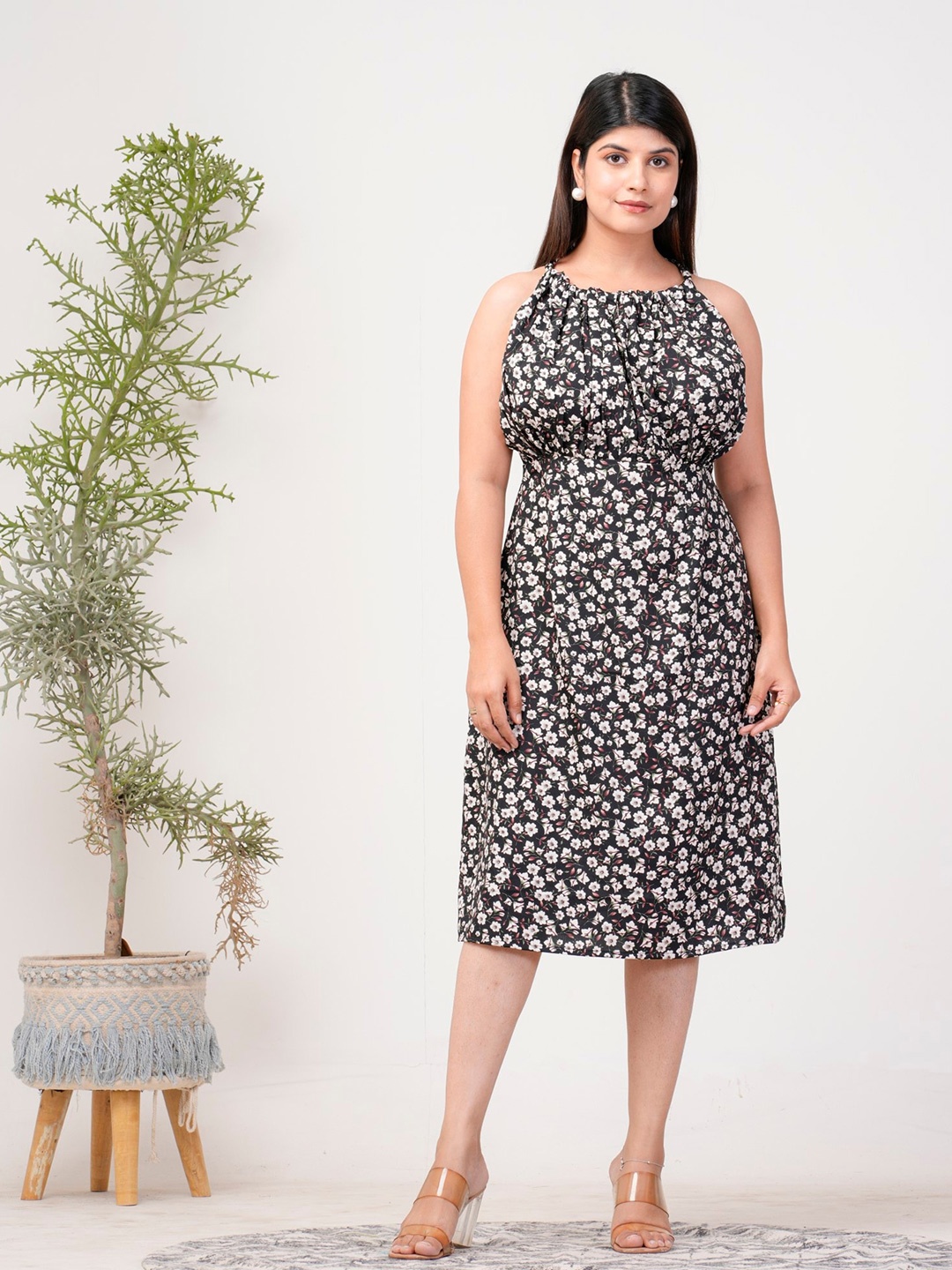

Riara Floral Printed Crepe Fit & Flare Dress, Black