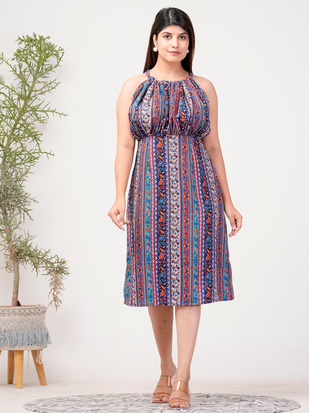 

Riara Ethnic Motifs Printed Halter Neck A-Line Midi Dress, Blue