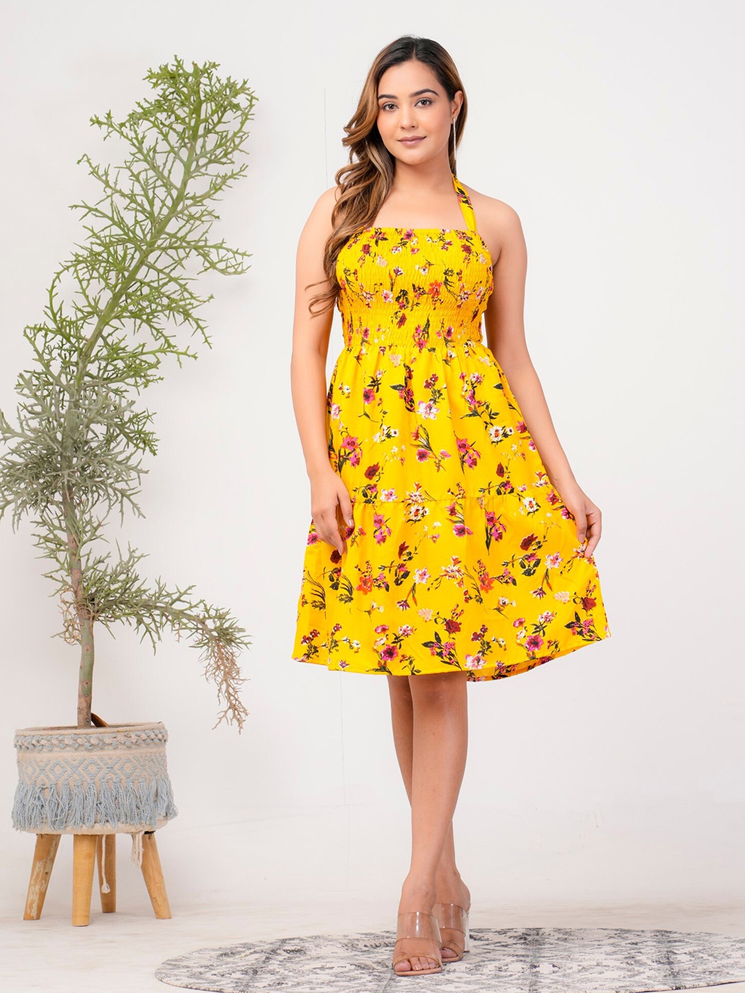 

Riara Floral Printed Halter Neck Smocked Crepe Fit & Flare Dress, Yellow