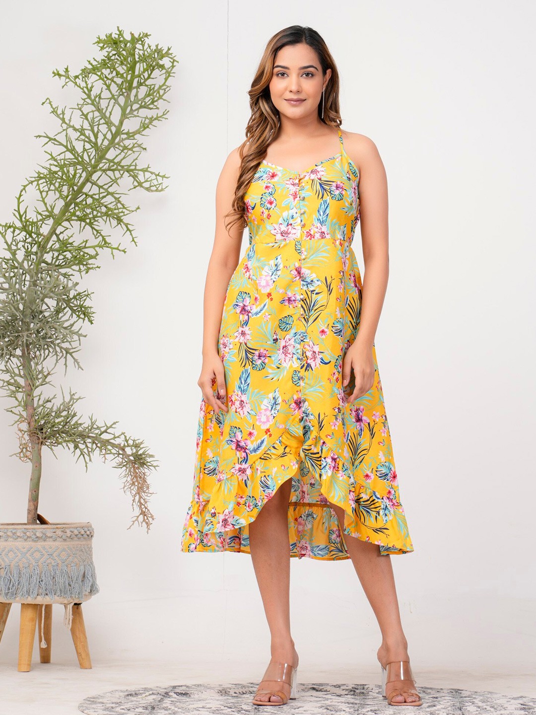 

Riara Floral Printed Shoulder Straps Sleeveless High Low A-Line Midi Dress, Yellow