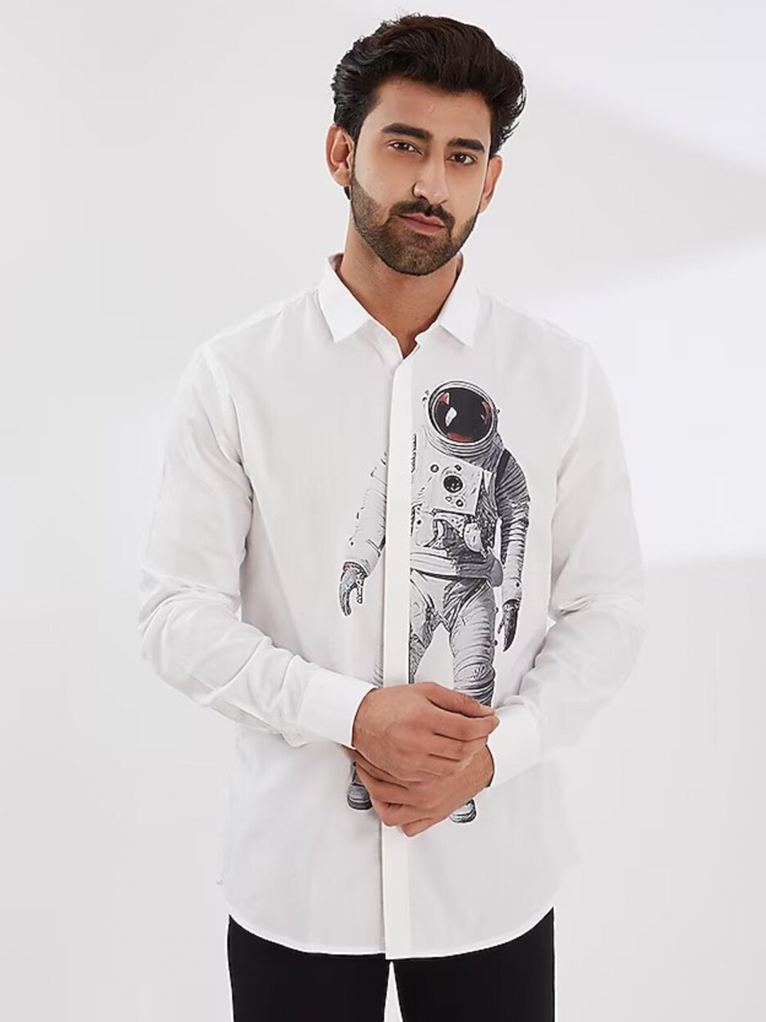 

HE SPOKE Printed Smart Tailored Fit Cotton Casual Shirt, White