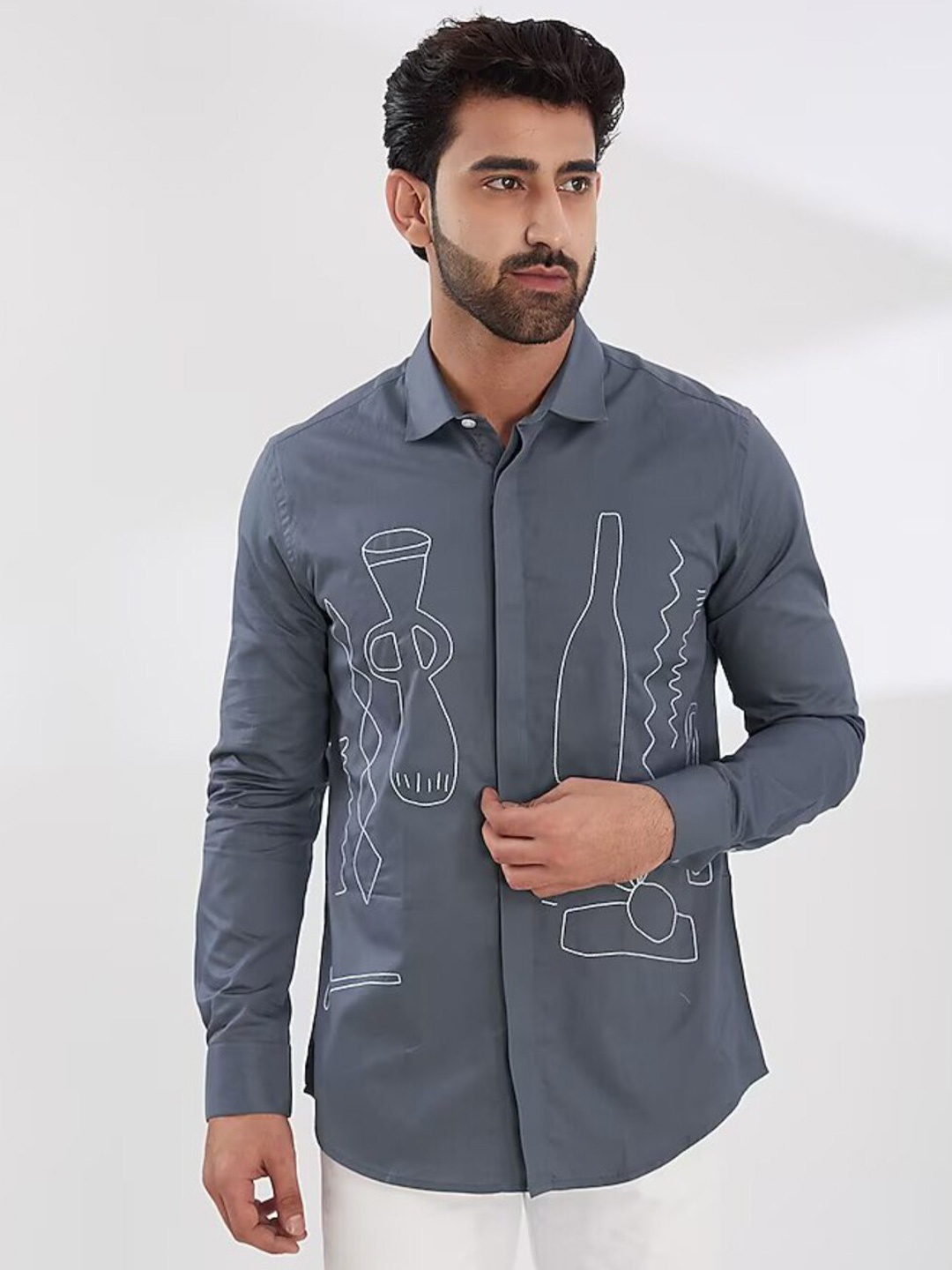 

HE SPOKE Embroidered Smart Tailored Fit Cotton Casual Shirt, Grey
