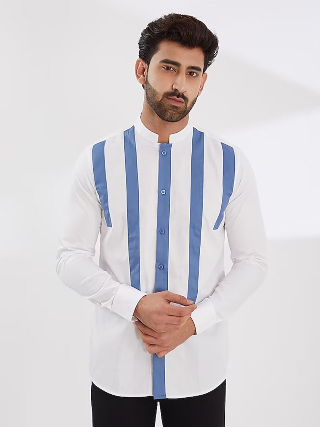 

HE SPOKE Smart Tailored Fit Vertical Striped Mandarin Collar Pure Cotton Casual Shirt, White