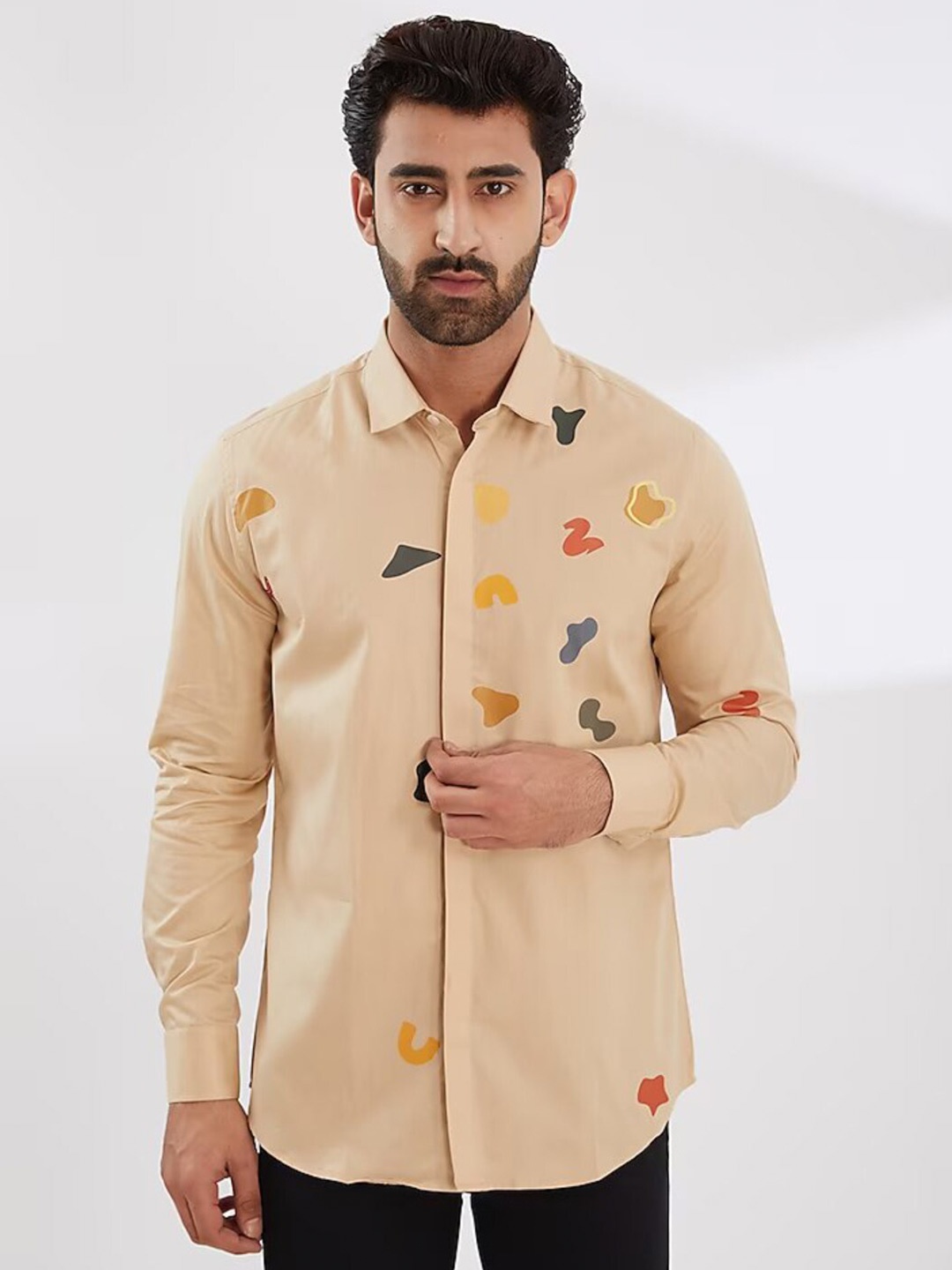 

HE SPOKE Smart Tailored Fit Abstract Printed Spread Collar Cotton Casual Shirt, Cream