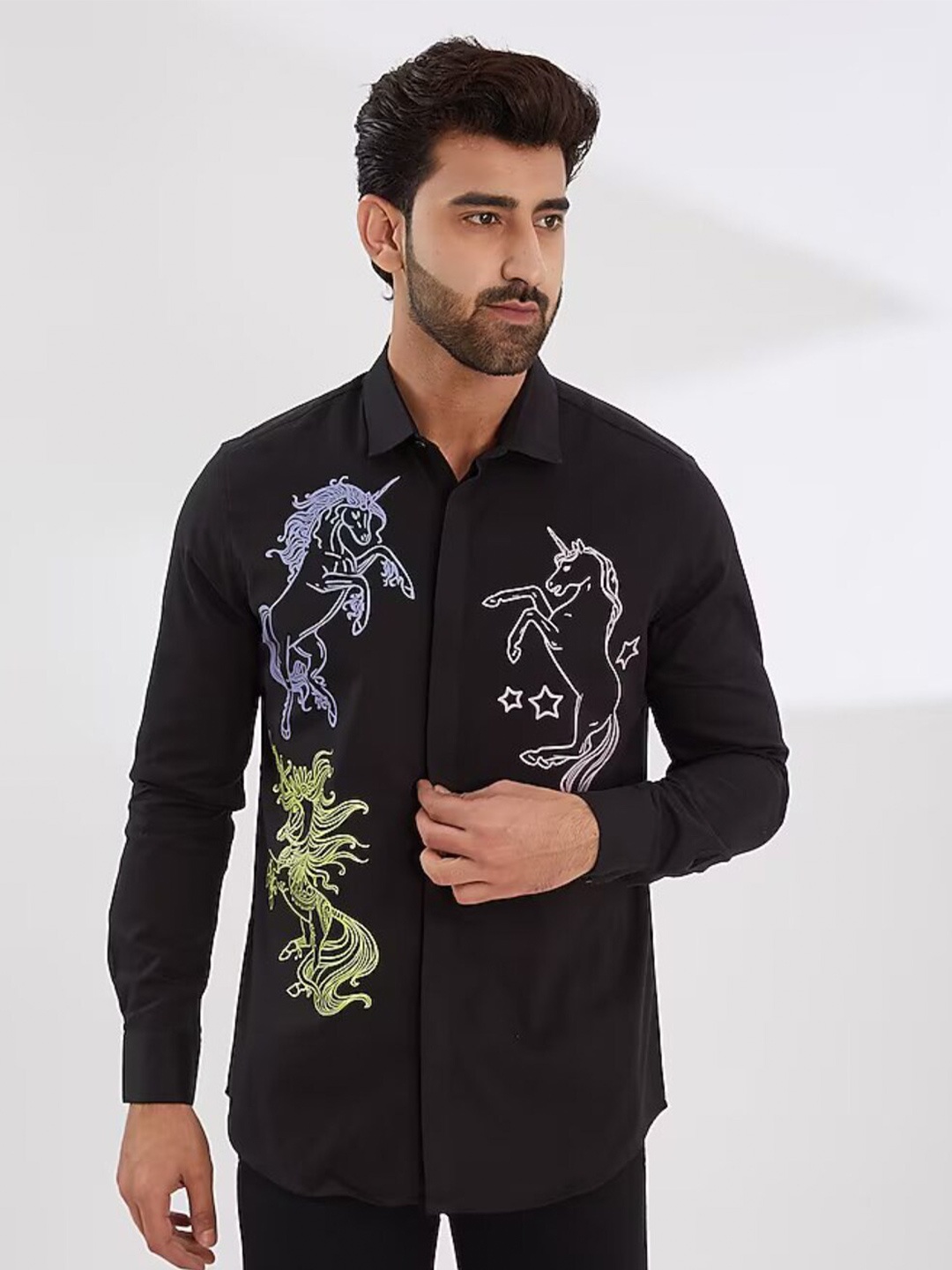 

HE SPOKE Smart Tailored Fit Conversational Printed Twill Spread Collar Cotton Casual Shirt, Black