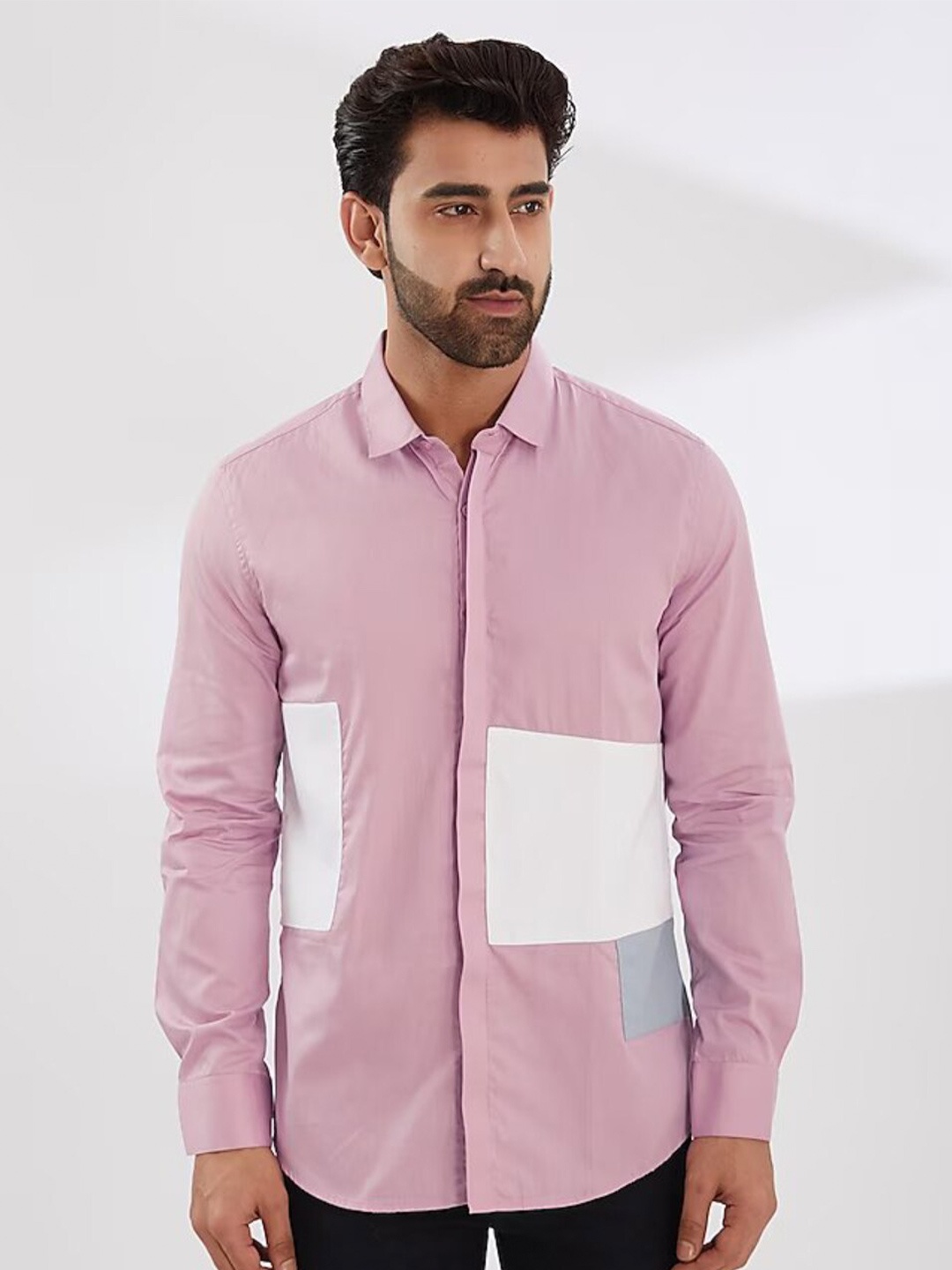 

HE SPOKE Smart Tailored Fit Colourblocked Twill Spread Collar Cotton Casual Shirt, Pink