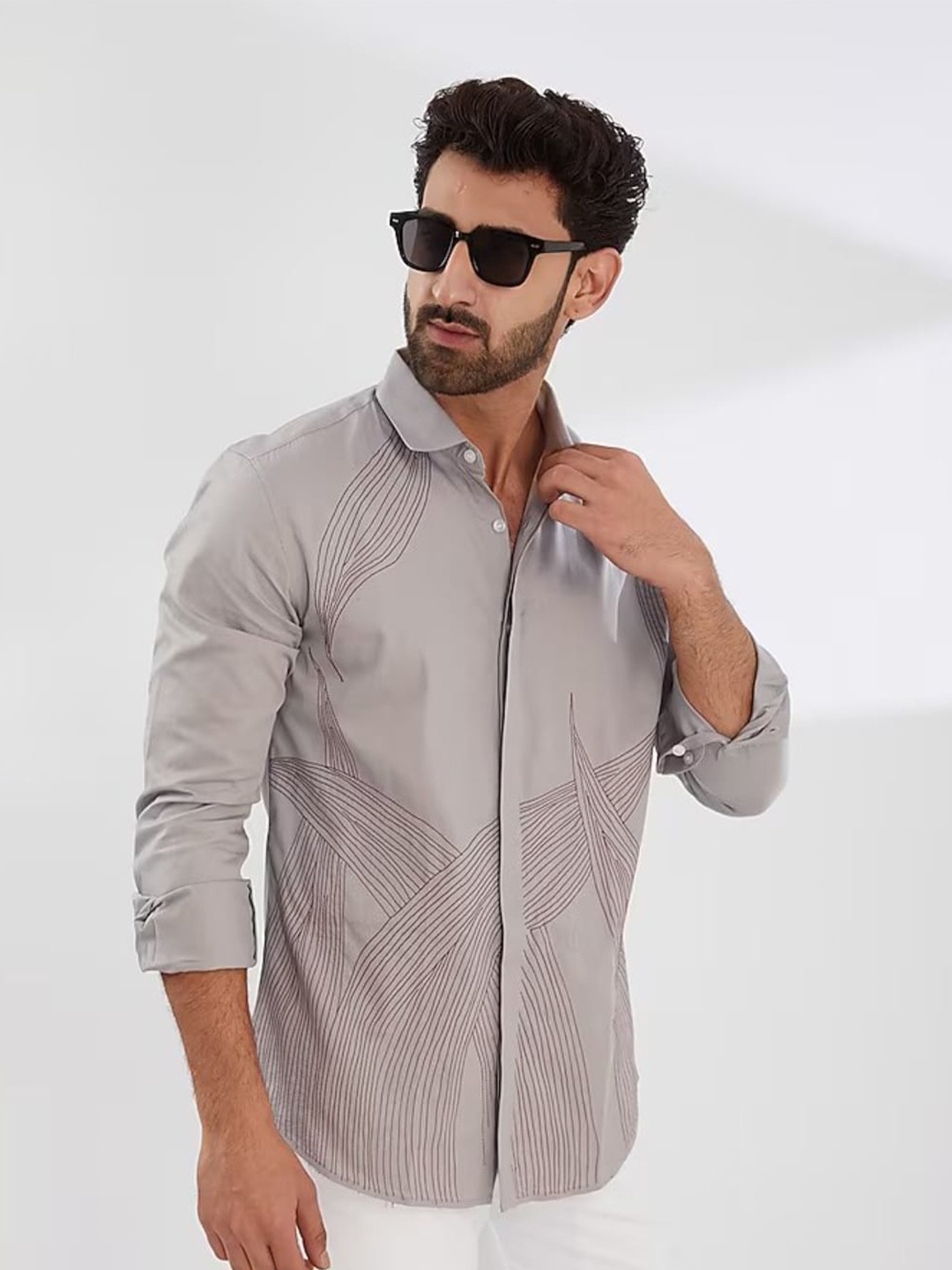 

HE SPOKE Smart Tailored Fit Abstract Embroidered Twill Spread Collar Cotton Casual Shirt, Grey