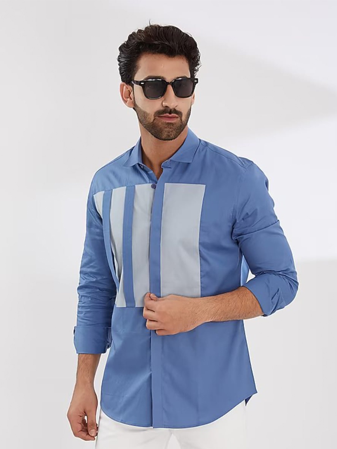 

HE SPOKE Smart Tailored Fit Colourblocked Spread Collar Pure Cotton Casual Shirt, Blue