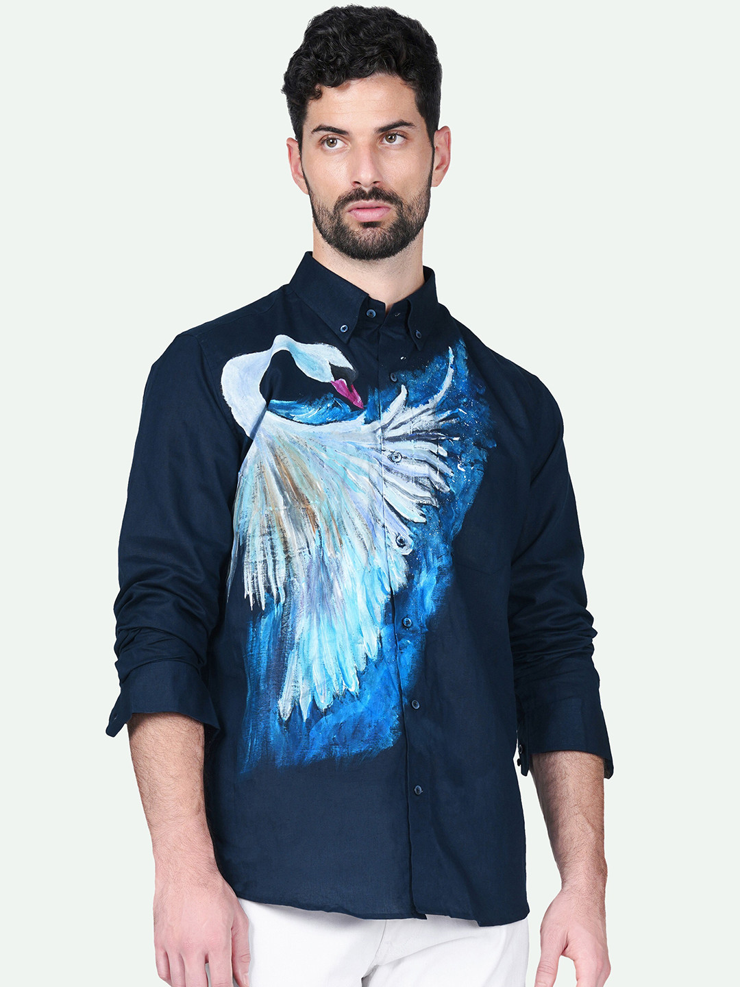 

FRENCH CROWN Standard Swan Hand Painted Button Down Collar Pure Cotton Casual Shirt, Blue