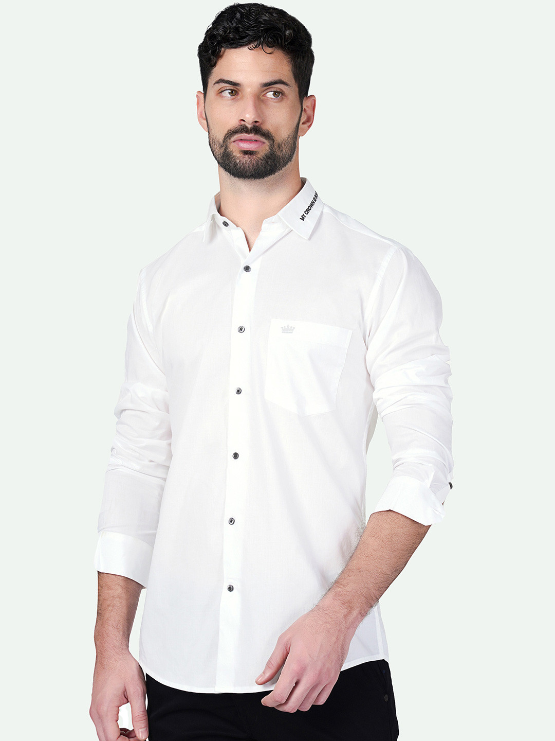 

FRENCH CROWN Spread Collar Pure Cotton Casual Shirt, White