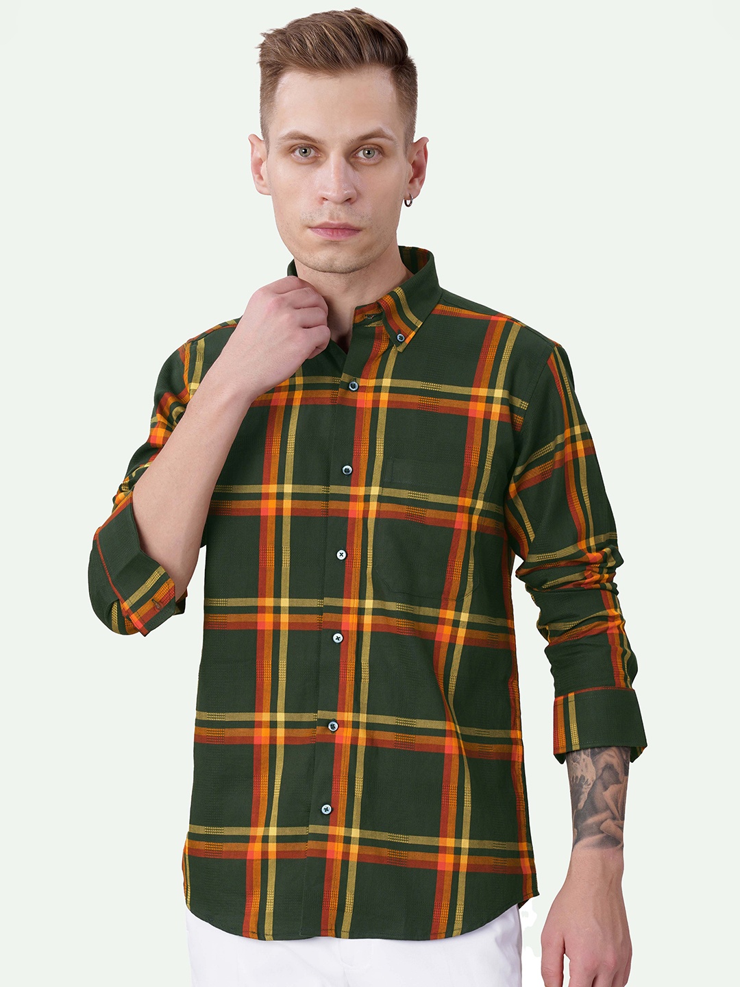

FRENCH CROWN Standard Checked Button-Down Collar Cotton Casual Shirt, Green