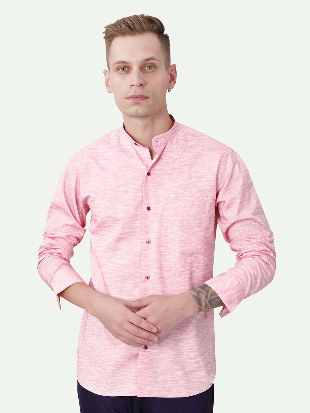 

FRENCH CROWN Standard Self Design Mandarin Collar Cotton Casual Shirt, Pink