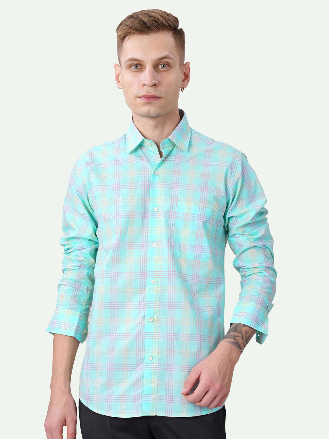 

FRENCH CROWN Standard Checked Spread Collar Long Sleeves Casual Shirt, Blue