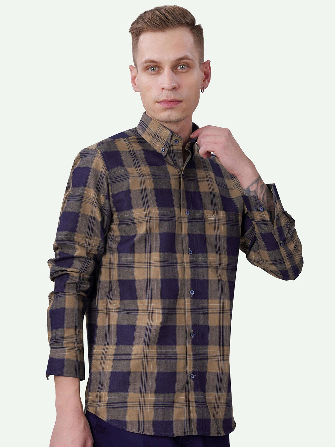 

FRENCH CROWN Standard Twill Checked Button-Down Collar Spread Collar Cotton Casual Shirt, Brown