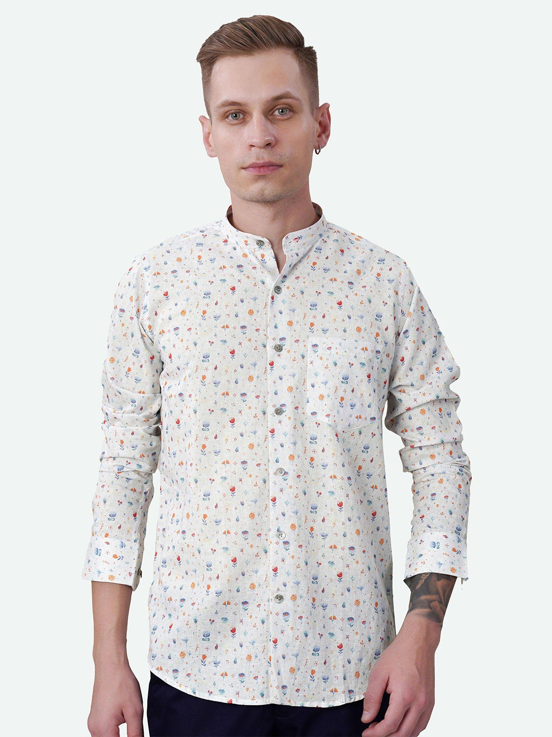 

FRENCH CROWN Standard Floral Printed Mandarin Collar Long Sleeves Linen Casual Shirt, White