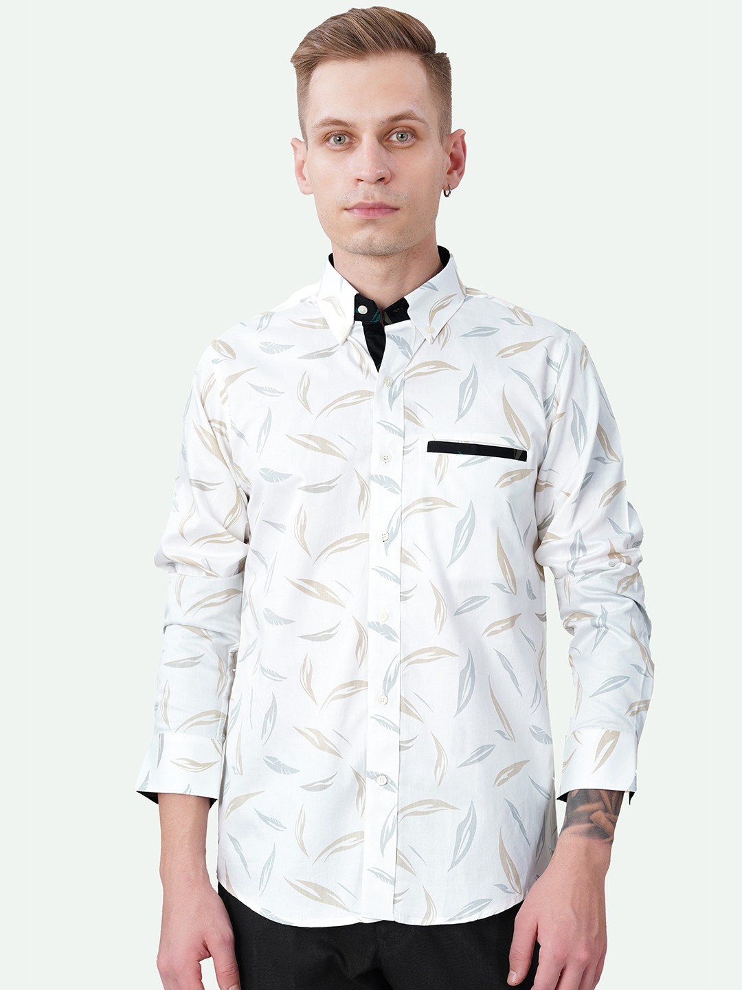 

FRENCH CROWN Standard Conversational Printed Button-Down Collar Cotton Casual Shirt, White