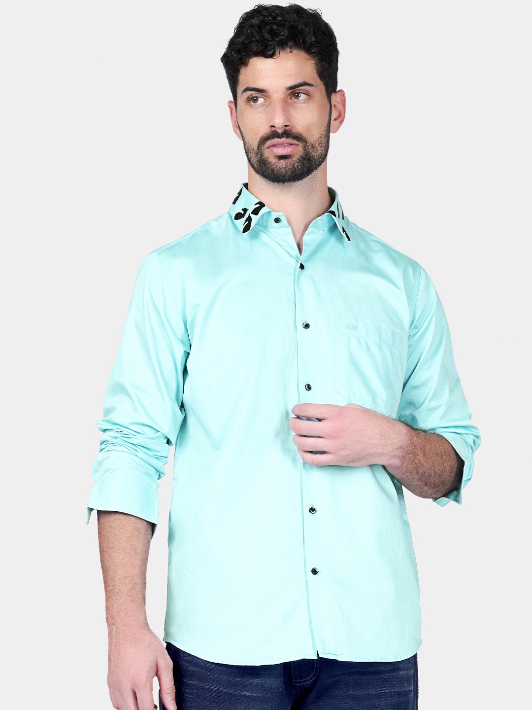 

FRENCH CROWN Standard Spread Collar Long Sleeves Cotton Casual Shirt, Blue
