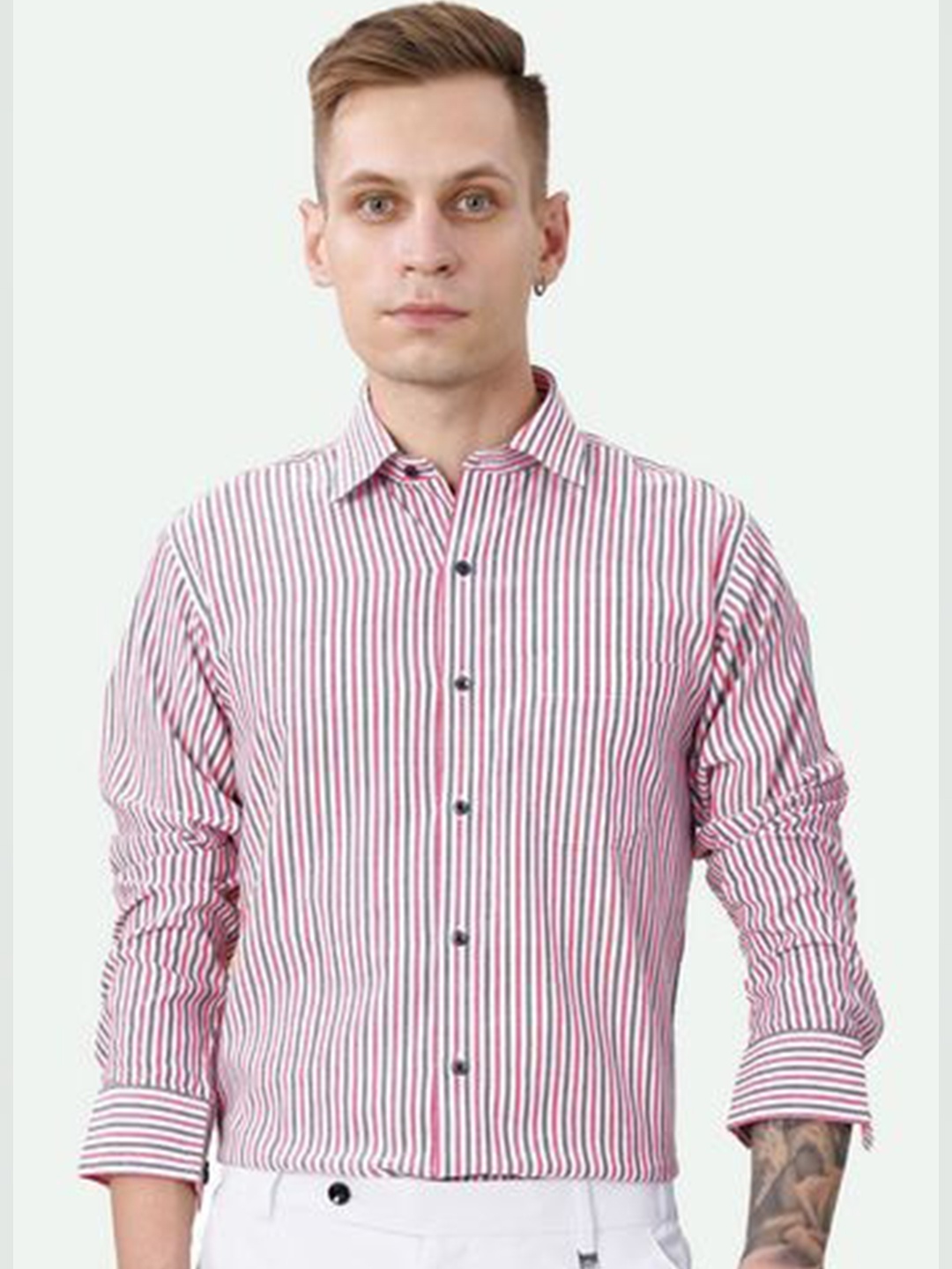 

FRENCH CROWN Standard Vertical Striped Spread Collar Pure Cotton Casual Shirt, Red