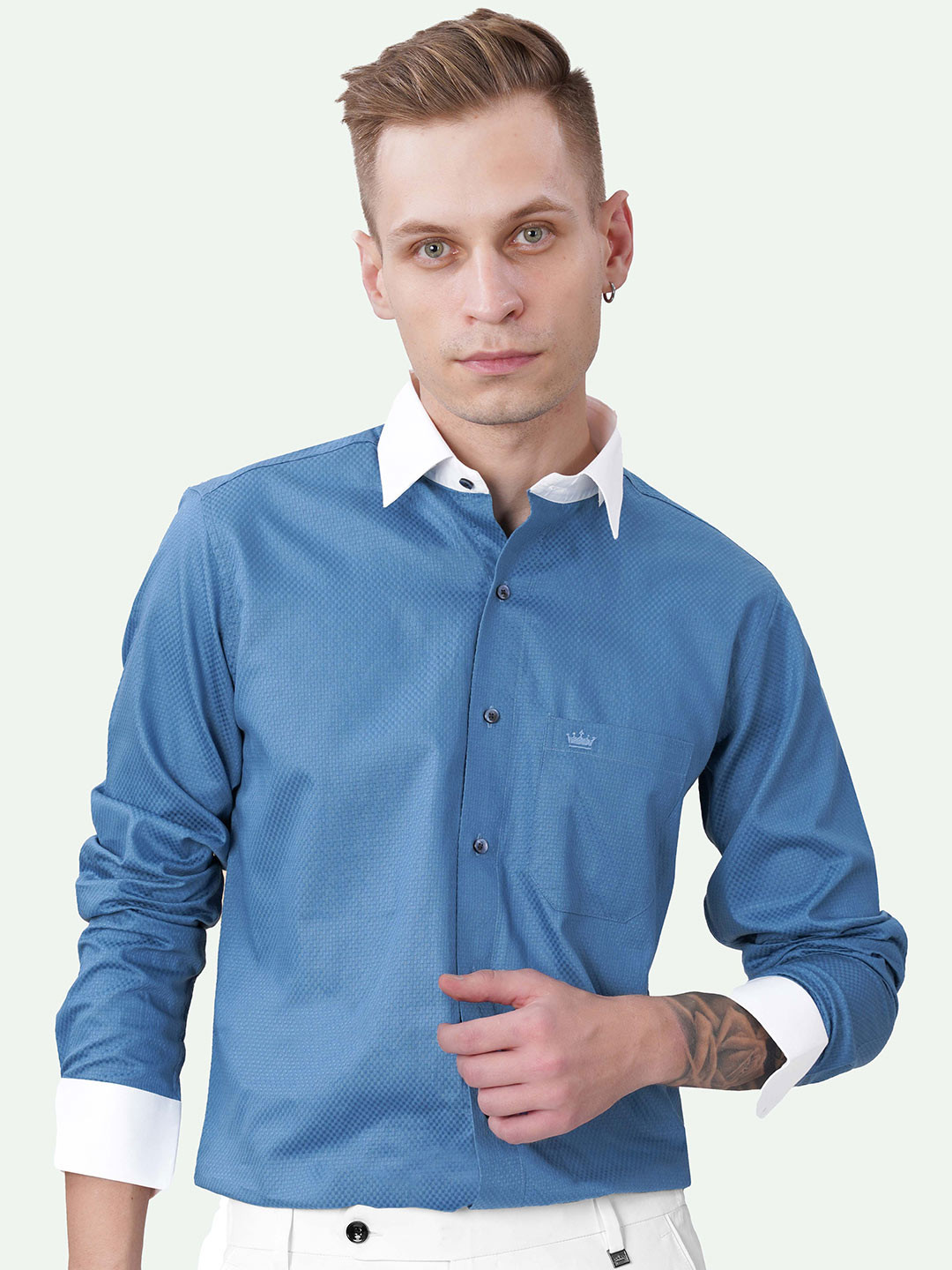 

FRENCH CROWN Standard Spread Collar Pure Cotton Casual Shirt, Blue