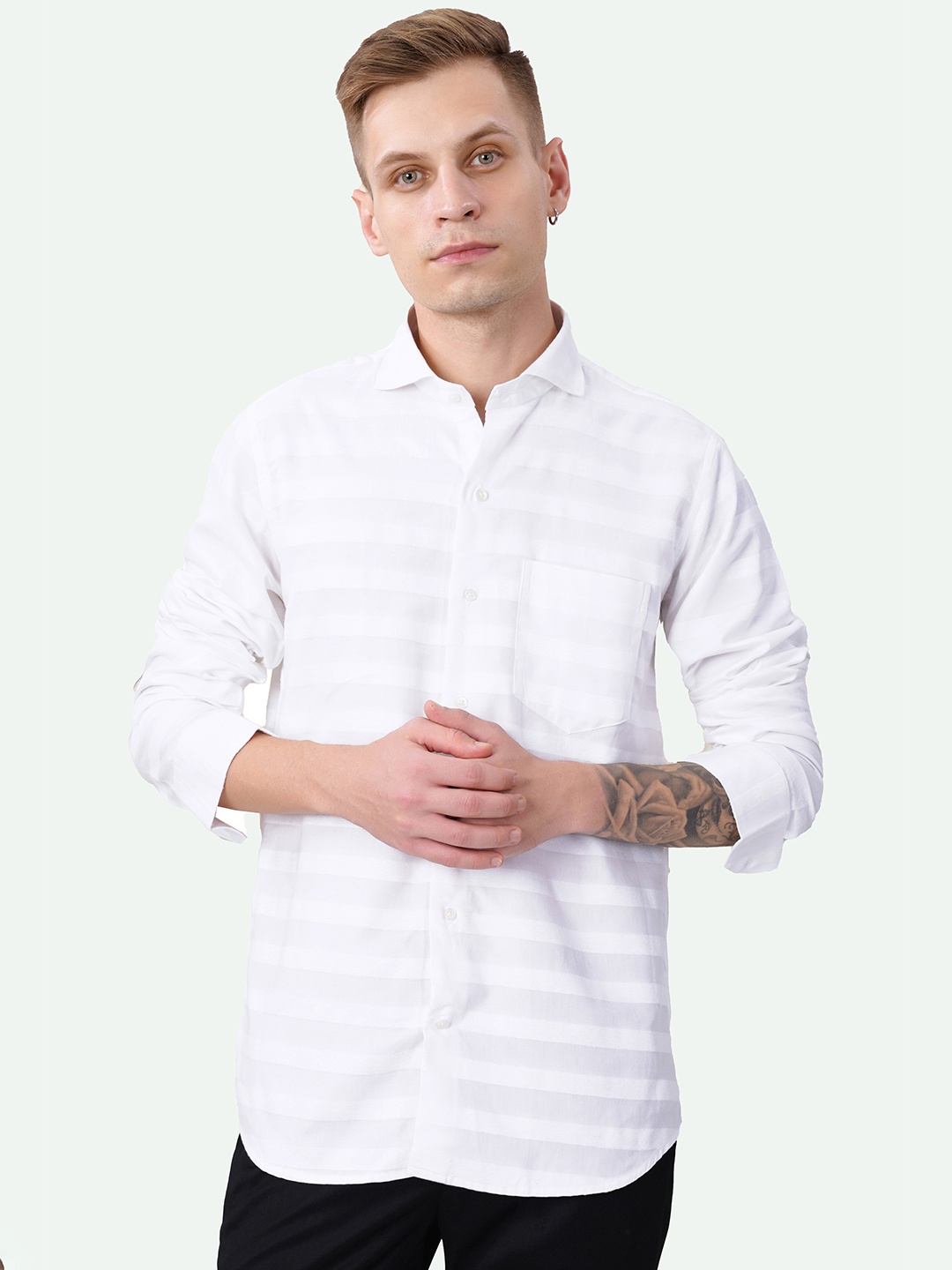 

FRENCH CROWN Standard Horizontal Striped Spread Collar Pure Cotton Casual Shirt, White