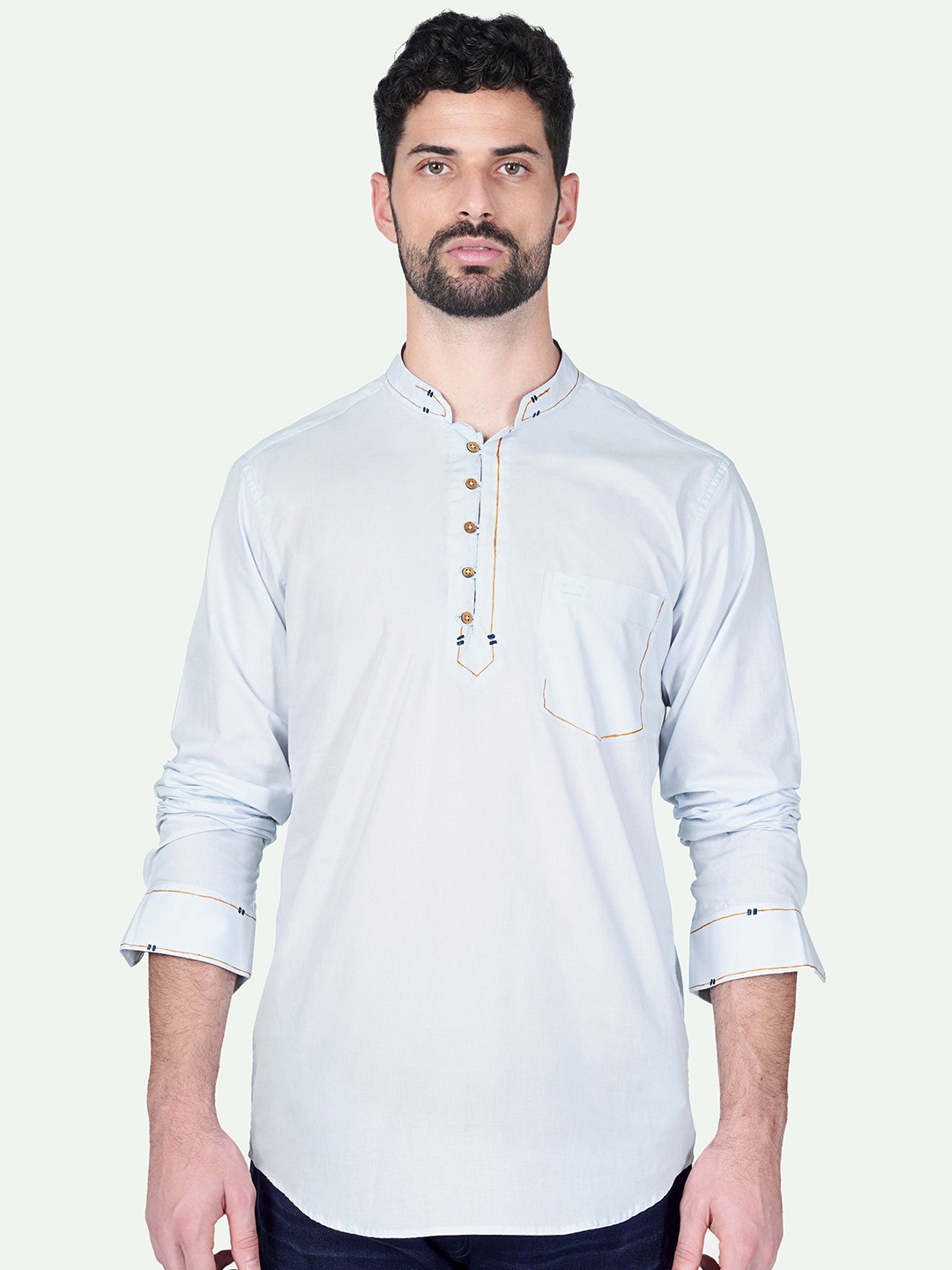 

FRENCH CROWN Mandarin Collar Pure Cotton Straight Kurta, Blue