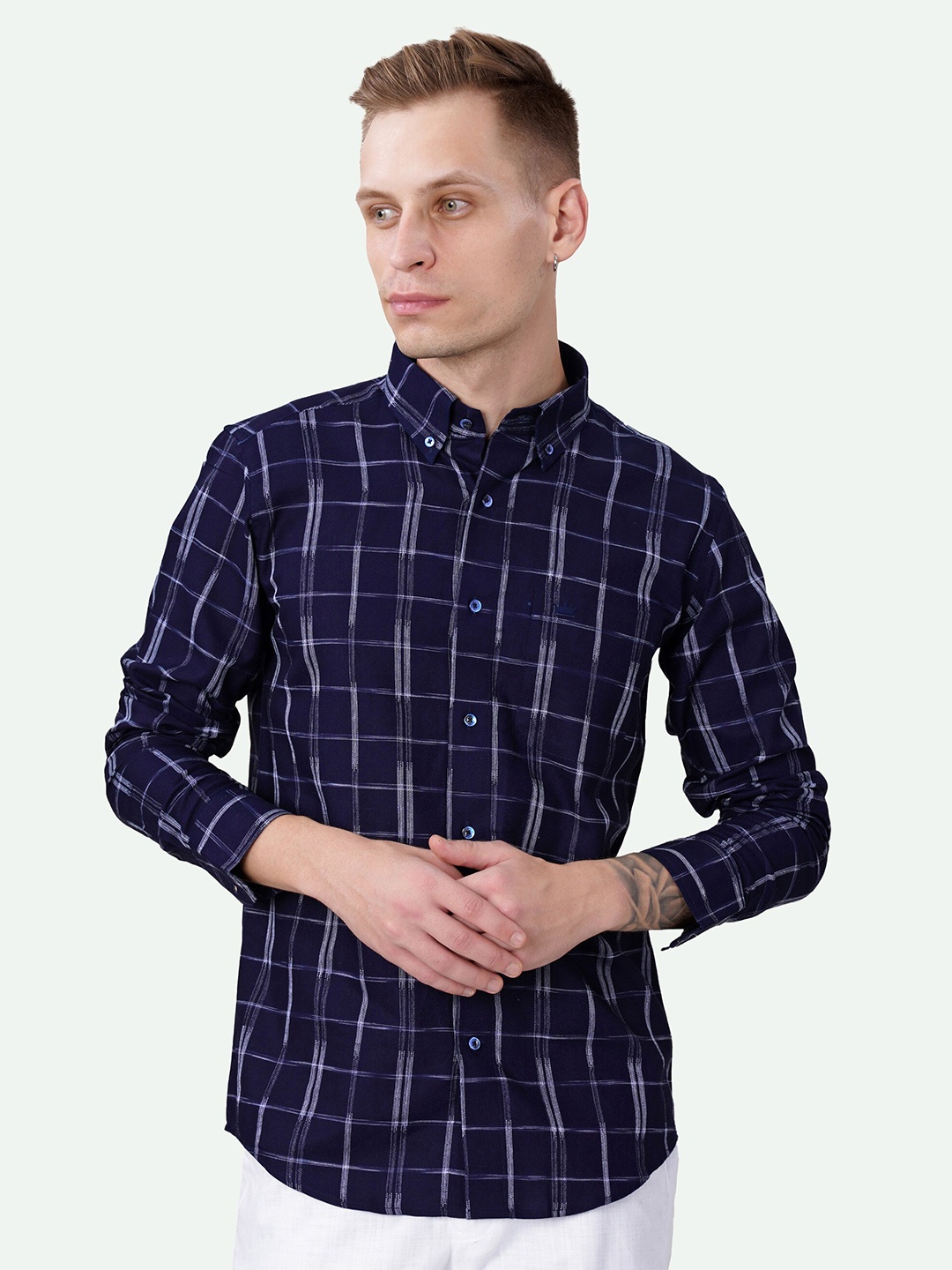 

FRENCH CROWN Standard Checked Button Down Collar Cotton Casual Shirt, Blue