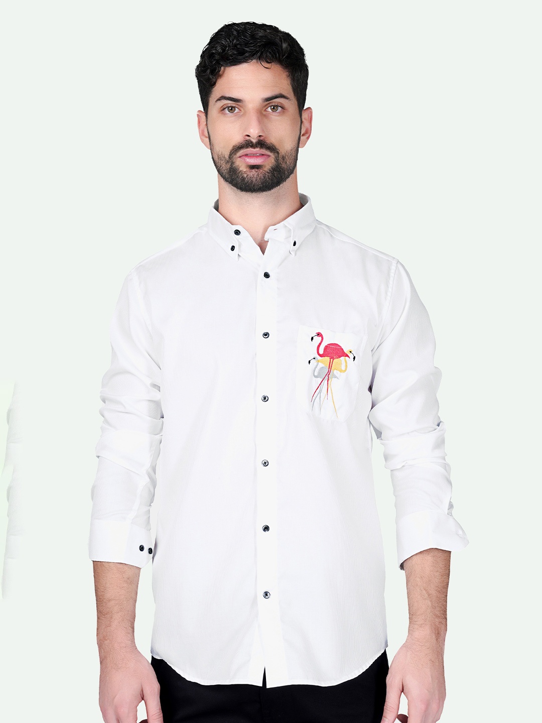 

FRENCH CROWN Standard Flamingo Embroidered Cotton Casual Shirt, White