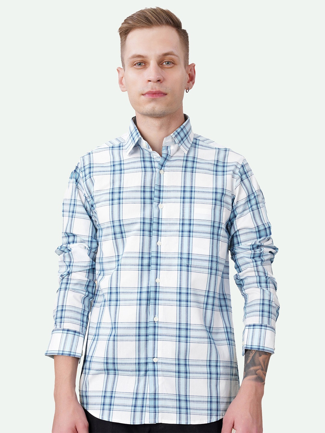 

FRENCH CROWN Standard Tartan Checked Cotton Casual Shirt, White