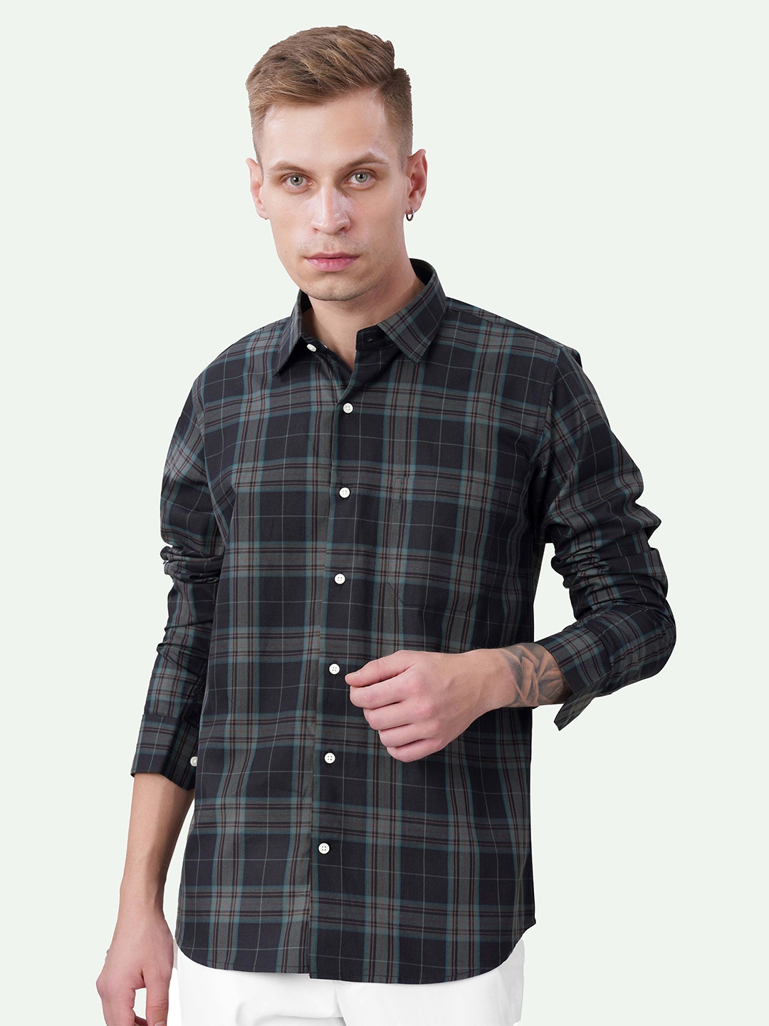 

FRENCH CROWN Standard Tartan Checked Cotton Casual Shirt, Grey