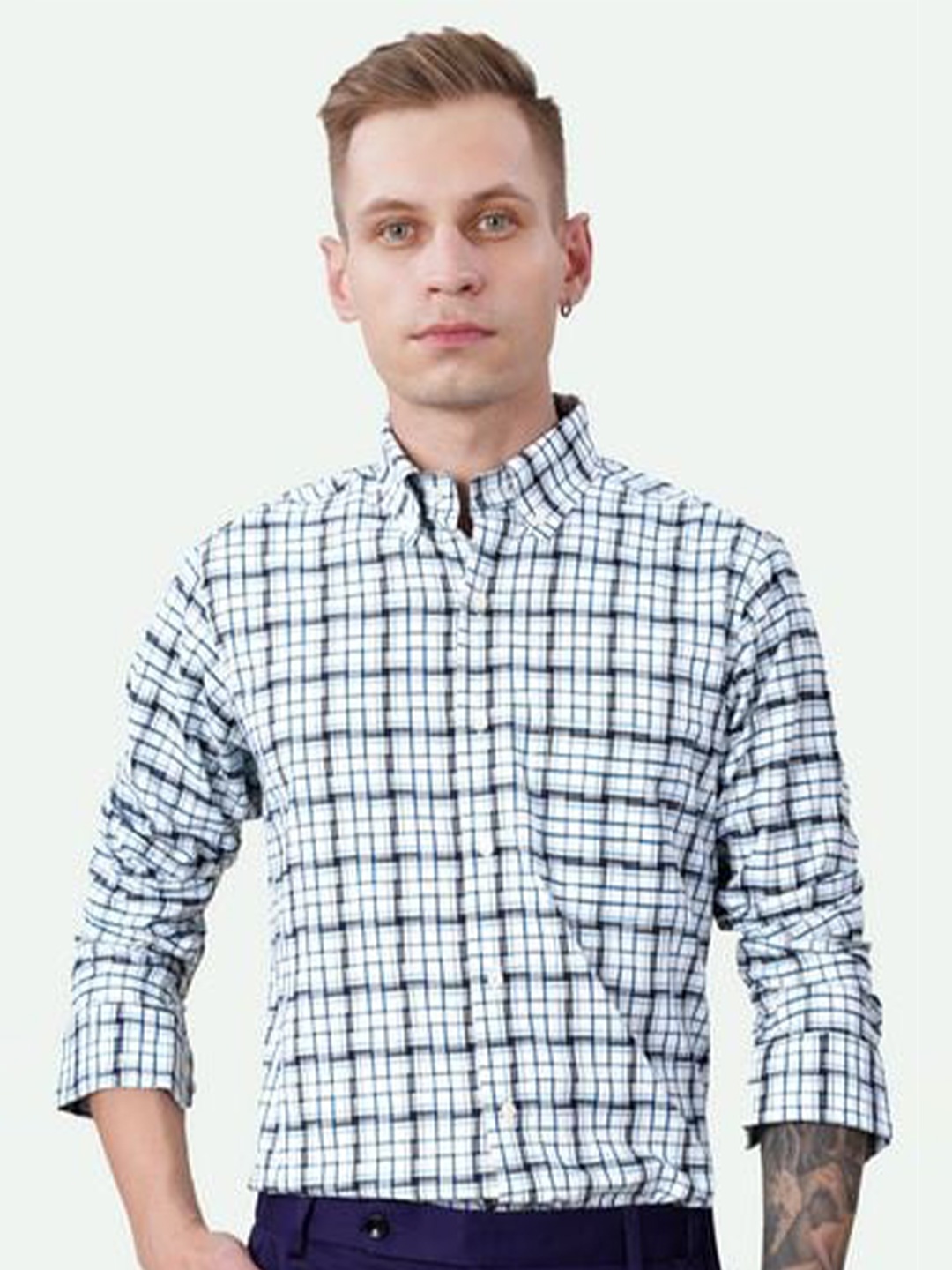 

FRENCH CROWN Standard Checked Button-Down Collar Cotton Casual Shirt, White