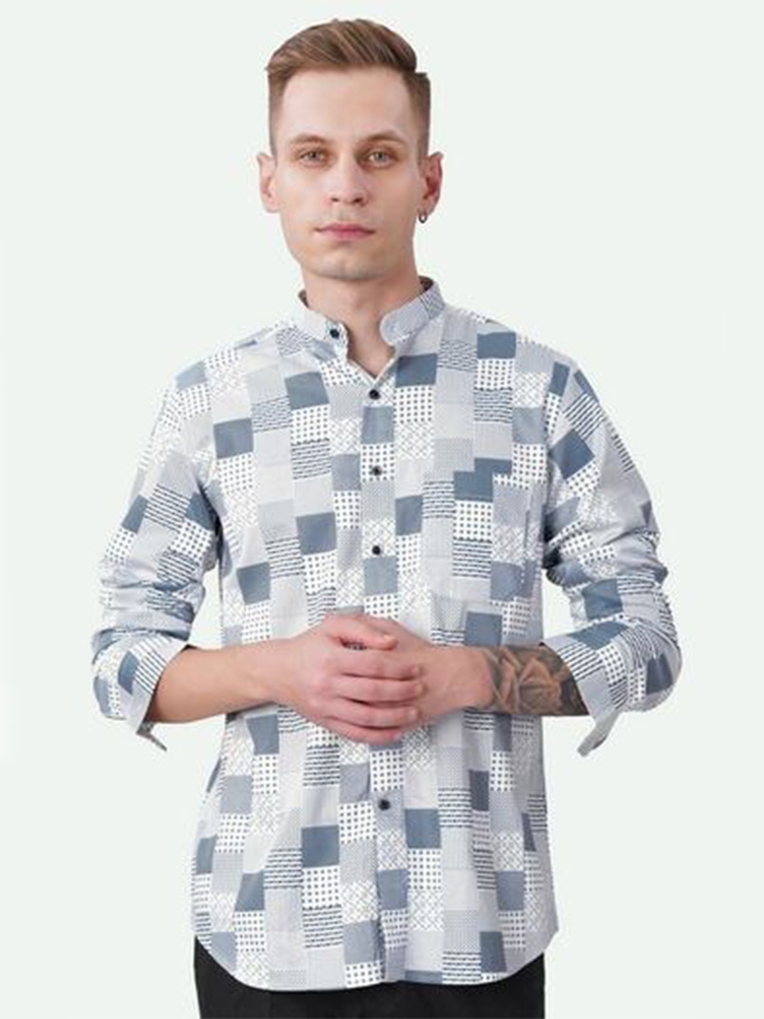 

FRENCH CROWN Standard Geometric Printed Band Collar Pure Cotton Casual Shirt, Blue