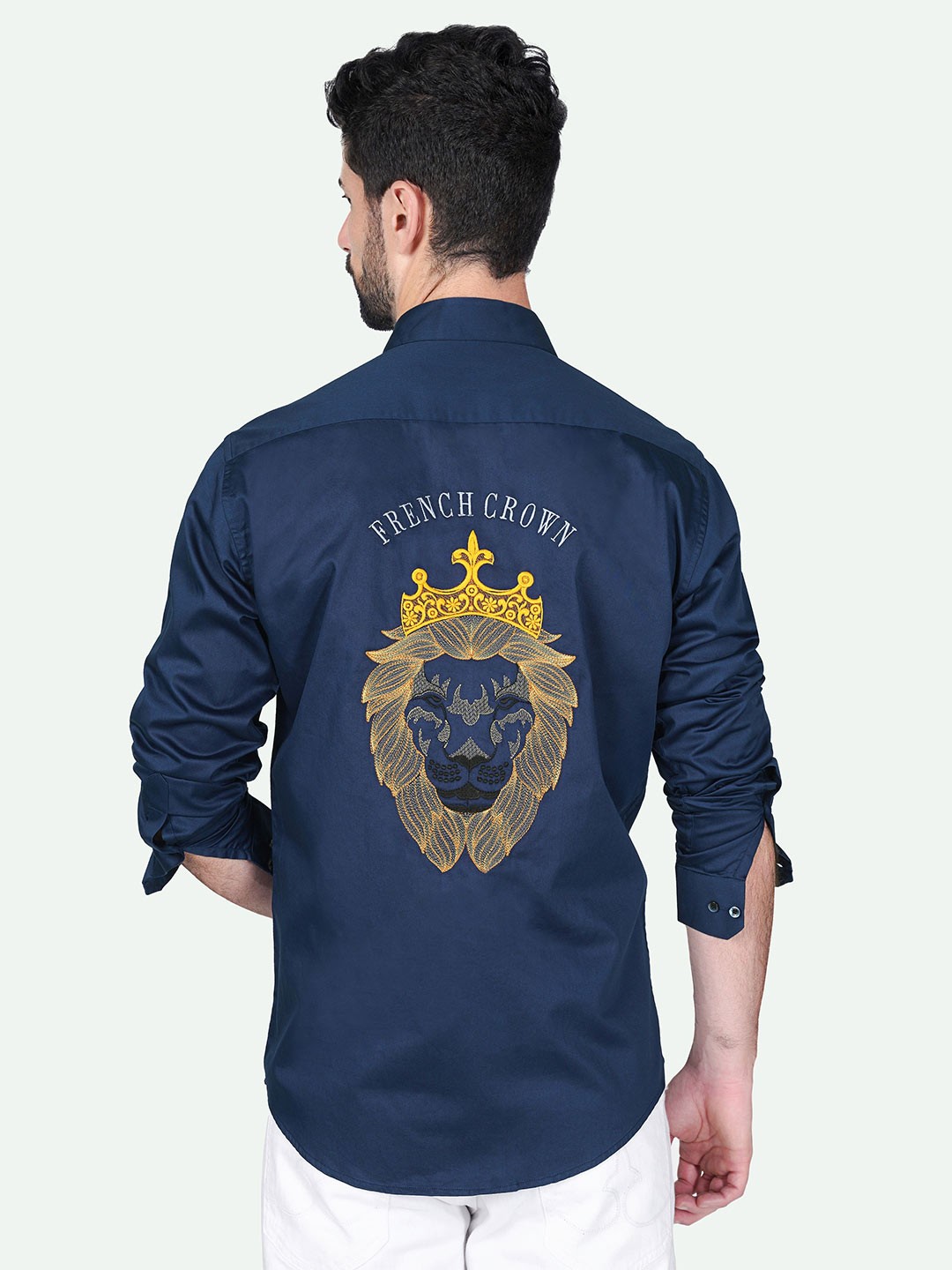 

FRENCH CROWN Standard Brand Name Embroidered Casual Cotton Shirt, Navy blue
