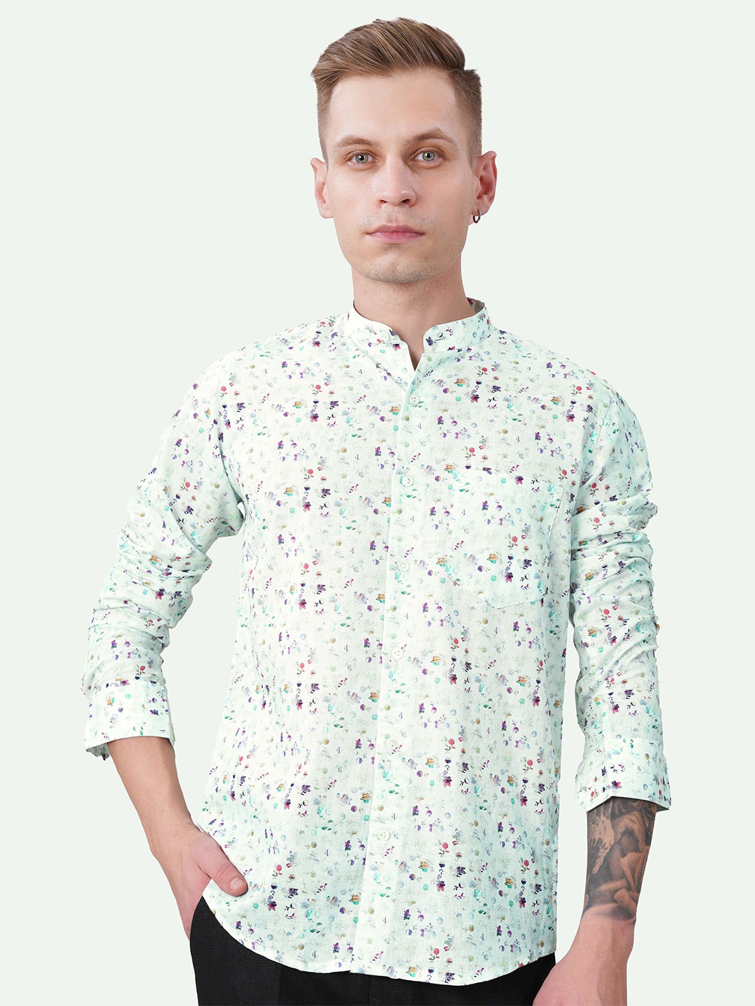 

FRENCH CROWN Standard Micro Ditsy Printed Band Collar Casual Linen Shirt, Sea green