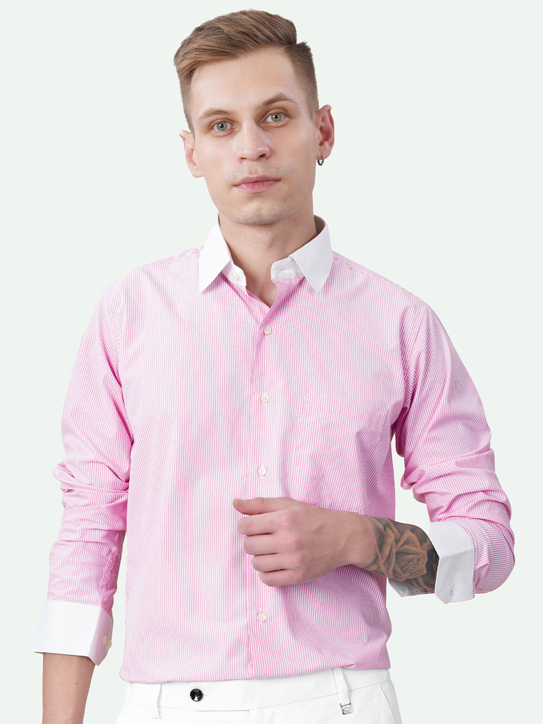 

FRENCH CROWN Standard Vertical Striped Casual Cotton Shirt, Pink