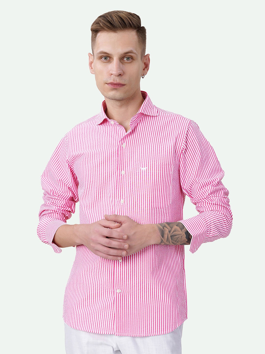 

FRENCH CROWN Standard Vertical Striped Cutaway Collar Seersucker Casual Giza Cotton Shirt, Pink