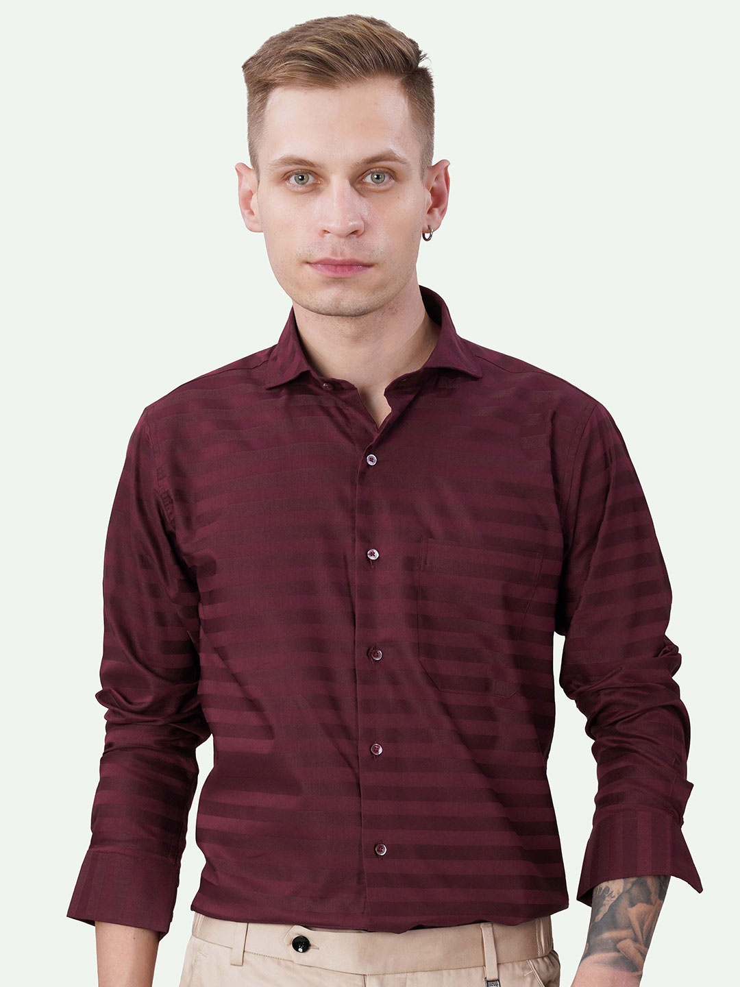 

FRENCH CROWN Standard Vertical Striped Casual Giza Cotton Shirt, Maroon