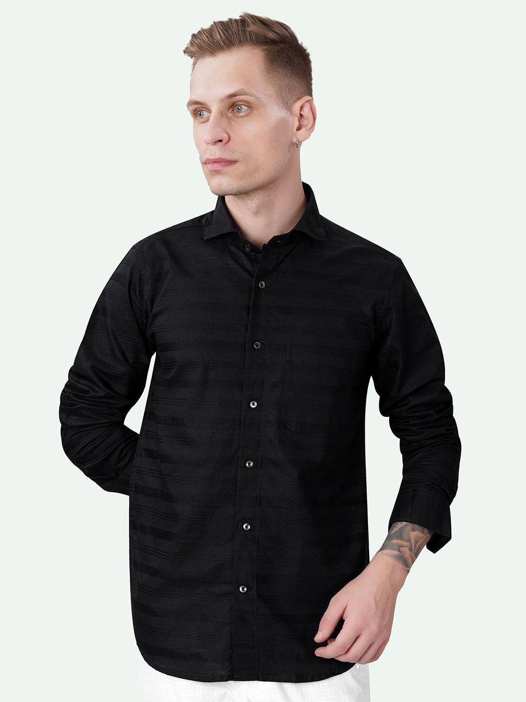 

FRENCH CROWN Standard Horizontal Striped Casual Giza Cotton Shirt, Black