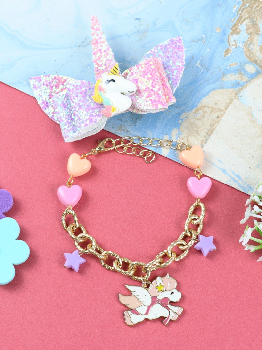 

Asthetika Kids Girls Beaded Charm Bracelet With Hair Clip, Gold