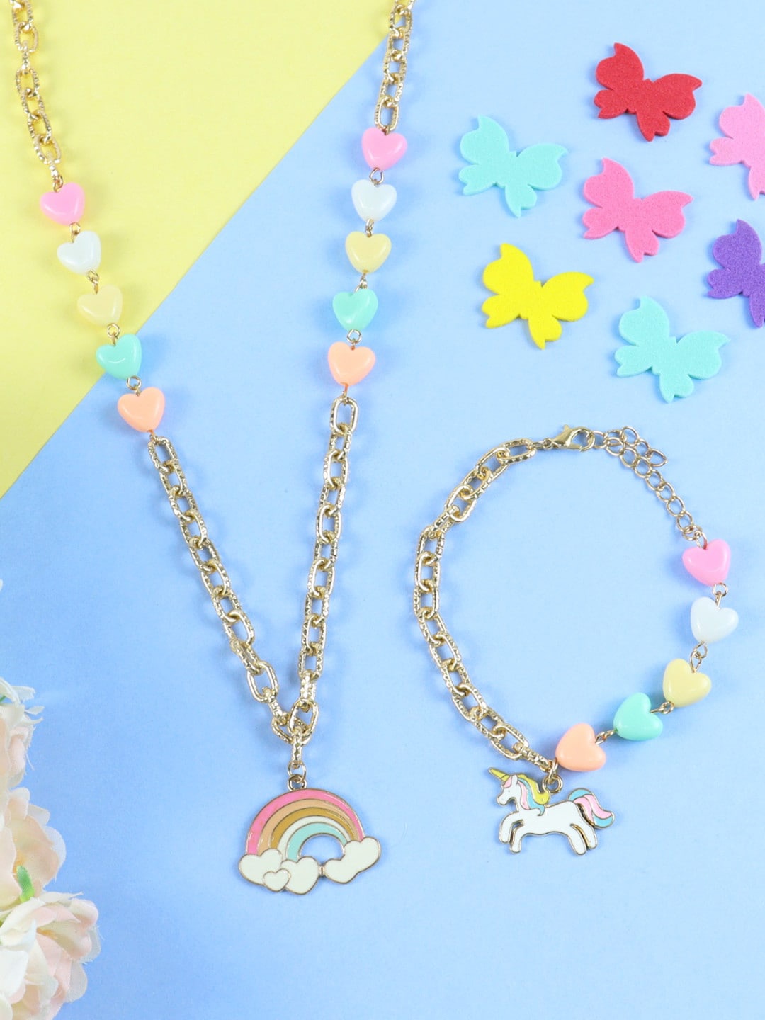 

Asthetika Kids Girls Unicorn Charm Necklace & Bracelet, Pink